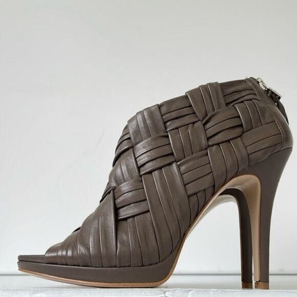 Boutique 9 Ashoe Woven Leather Cage Booties Women’s 8.5M Taupe Peep Toe High Hee - Picture 4 of 9